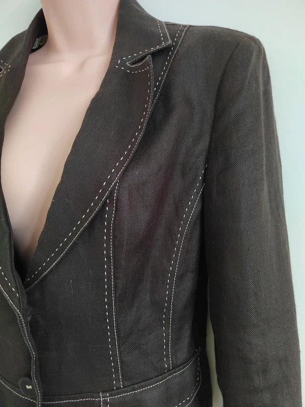 Vintage Next Chocolate Brown Contrast Stitch Tailored Blazer Jacket – Size UK 12