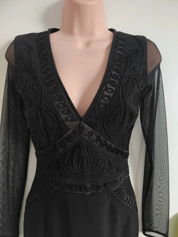 Lipsy Black Embroidered Plunge Bodycon Dress with Mesh Long Sleeves – Size UK 8