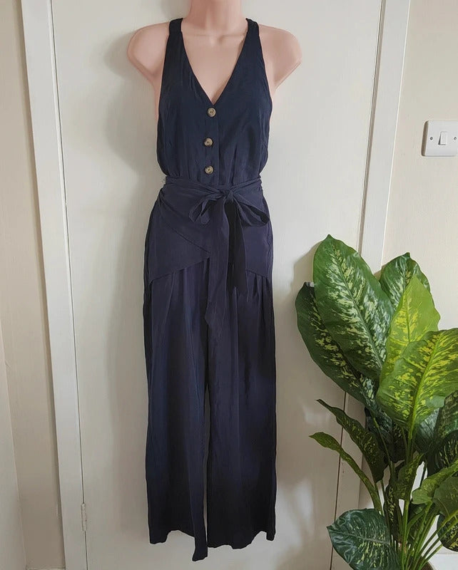 Paisie London Navy Button-Front Waist Tie Wide Leg Jumpsuit – Size UK 12