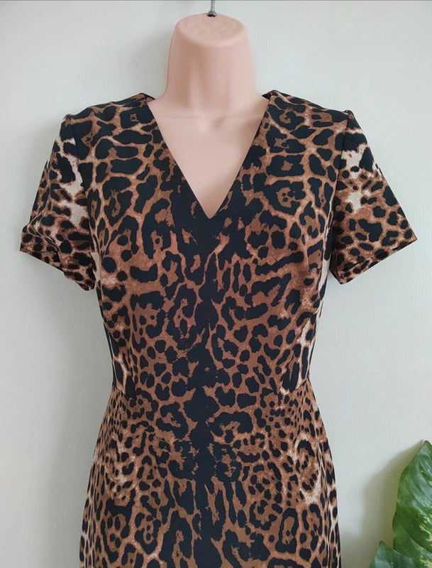 Per Una Leopard Print V-Neck Midi Sheath Dress – Size UK 12