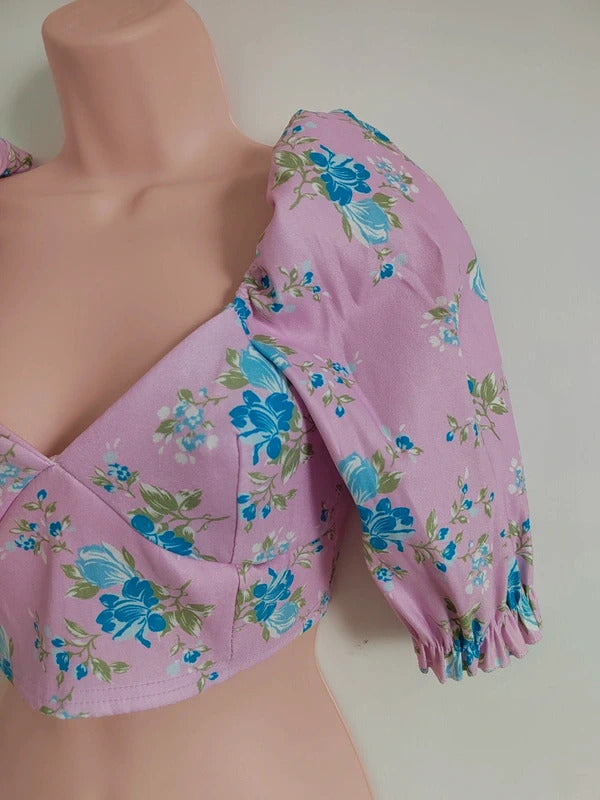 I Saw It First Pink & Blue Floral Puff Sleeve Corset Crop Top – Size UK 8 NWT