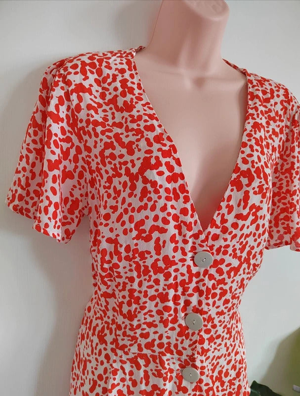 River Island Red and White Animal Print Button-Front Tea Top – Size 12