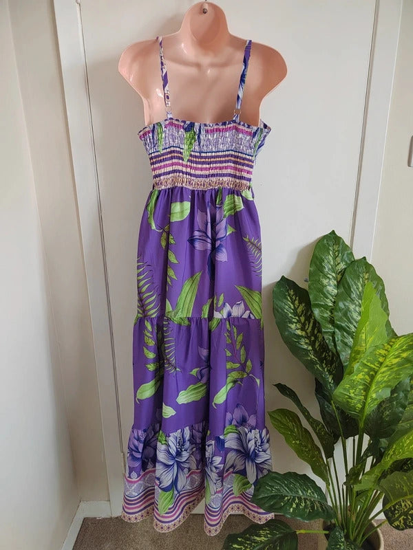 QED London Purple Mixed Border Print Maxi Dress – Size 10