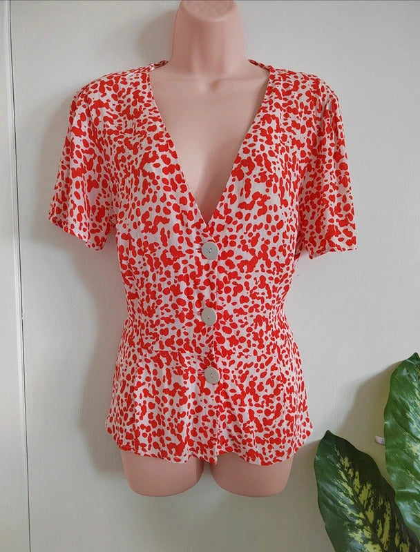 River Island Red and White Animal Print Button-Front Tea Top – Size 12