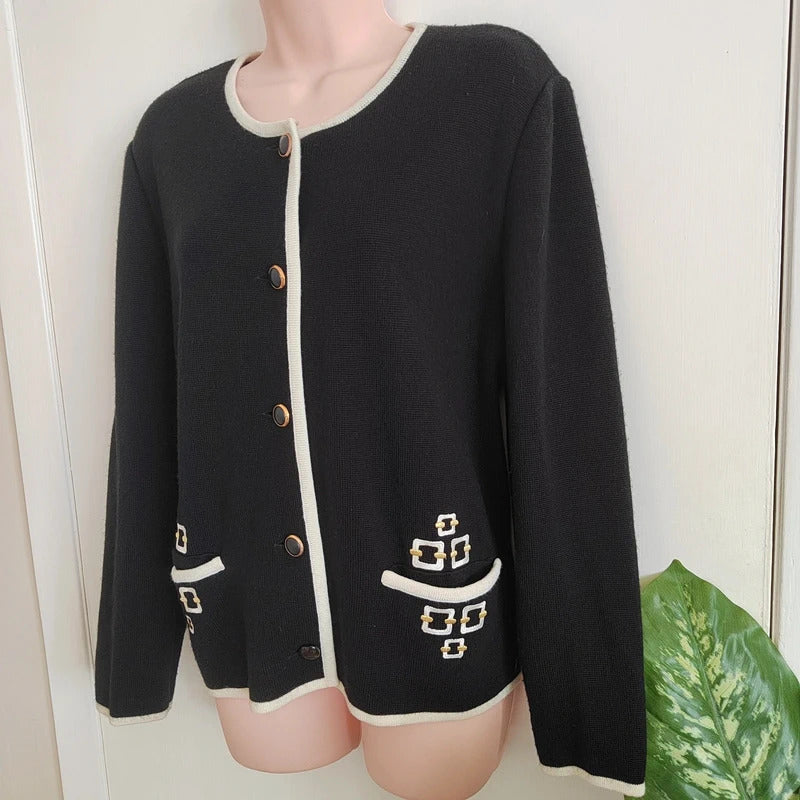 Vintage Tricoville Contrast Trim Knit Cardigan Jacket – Black & Cream - Size 14
