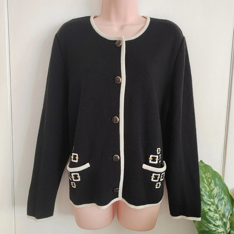 Vintage Tricoville Contrast Trim Knit Cardigan Jacket – Black & Cream - Size 14