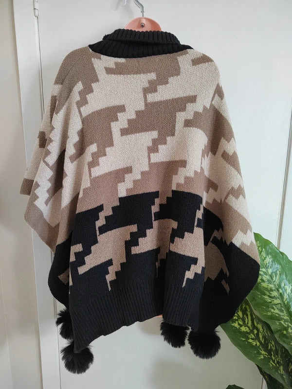 Malissa J Neutral Oversized Houndstooth Roll-Neck Knit Poncho with Faux-Fur Pompoms – One Size