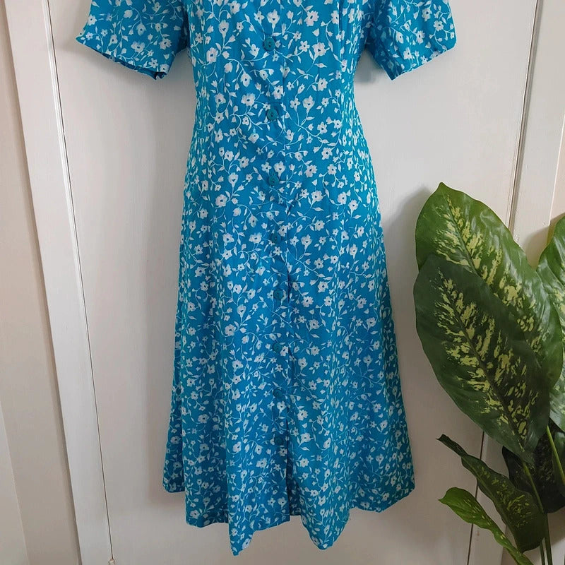 Vintage Eric Hill Blue & White Floral Button-Front Midi Tea Dress – Approx UK 14/16