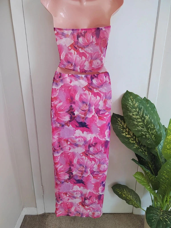 SHEIN Fuchsia Floral Mesh Strapless Top & Maxi Skirt Co-ord Set – Size XS