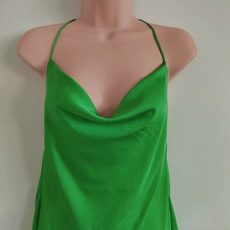 Stradivarius Green Satin Cowl Neck Halter Mini Dress – Size Medium – NWT