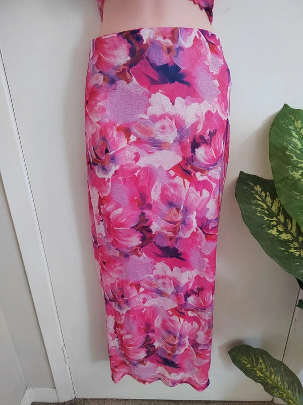 SHEIN Fuchsia Floral Mesh Strapless Top & Maxi Skirt Co-ord Set – Size XS
