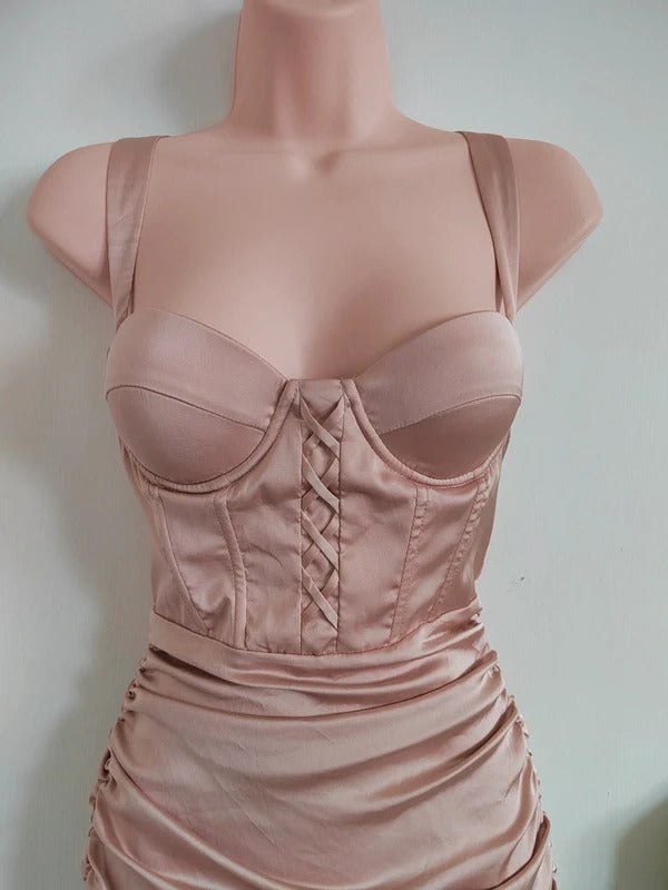 Oh Polly "Sleek Over" Lace-Up Ruched Corset Satin Mini Dress – Size 6 NWT