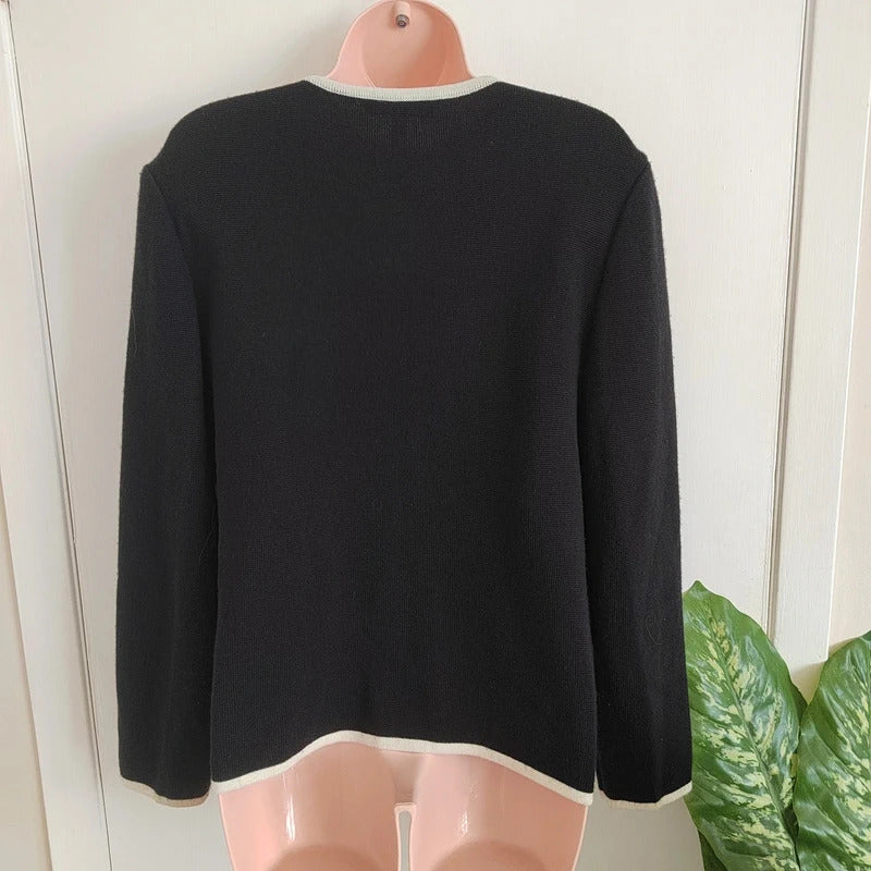 Vintage Tricoville Contrast Trim Knit Cardigan Jacket – Black & Cream - Size 14