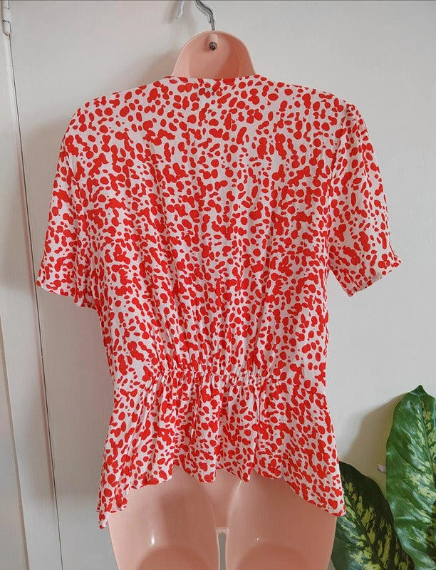 River Island Red and White Animal Print Button-Front Tea Top – Size 12