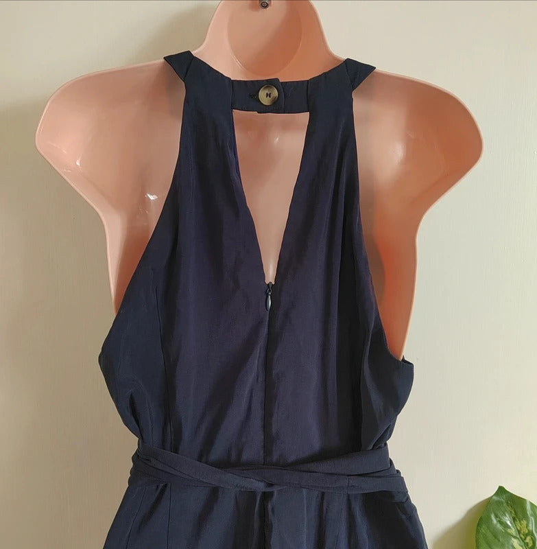 Paisie London Navy Button-Front Waist Tie Wide Leg Jumpsuit – Size UK 12
