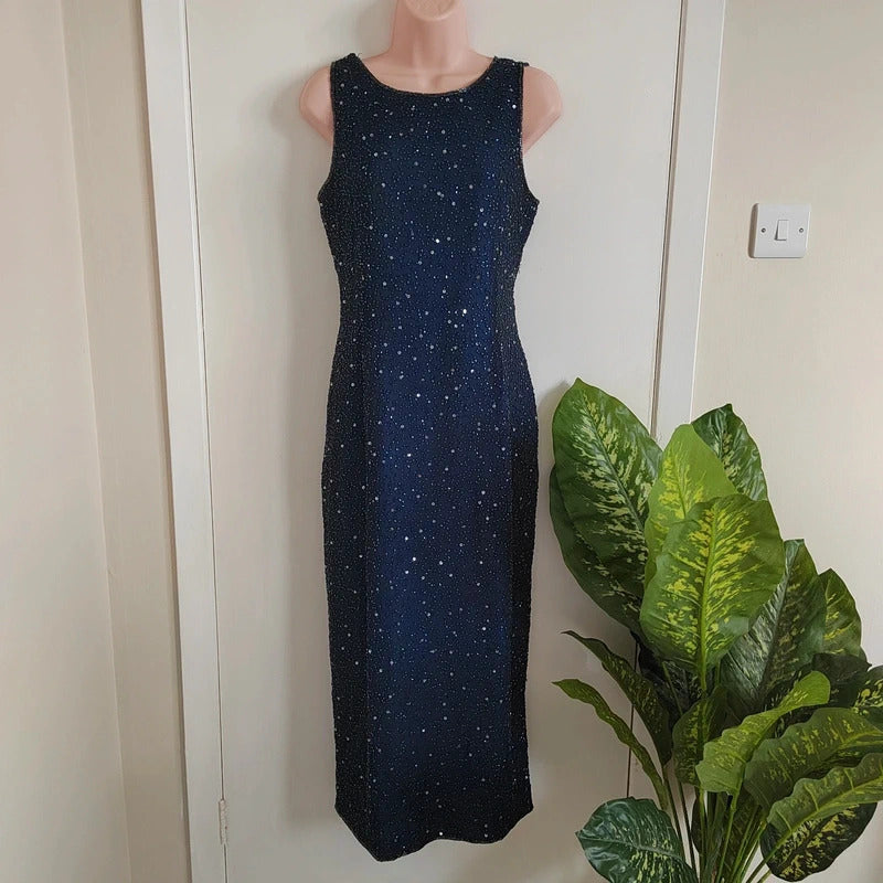 Vintage Dorothy Perkins Navy Fully Beaded Starry Night Column Dress – Size UK 12