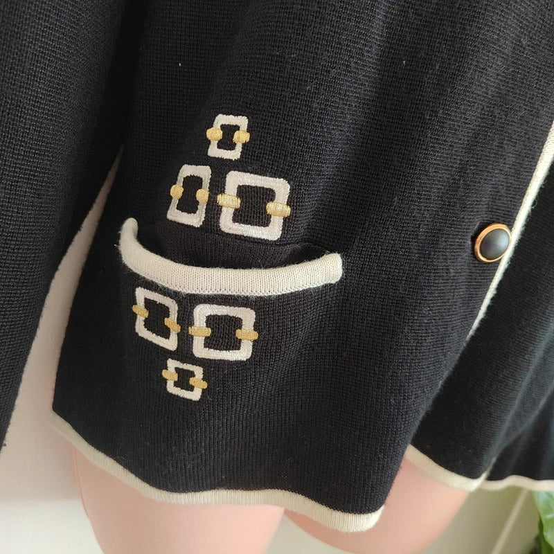 Vintage Tricoville Contrast Trim Knit Cardigan Jacket – Black & Cream - Size 14