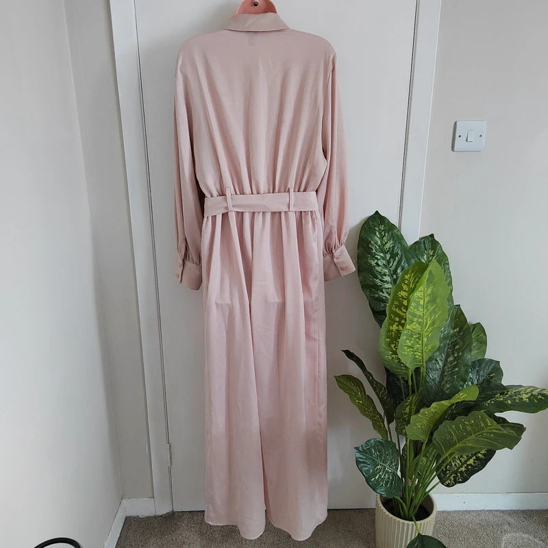 River Island Belted Satin Long Sleeve Utility Jumpsuit – Blush Pink / Rose Gold - Size UK 12