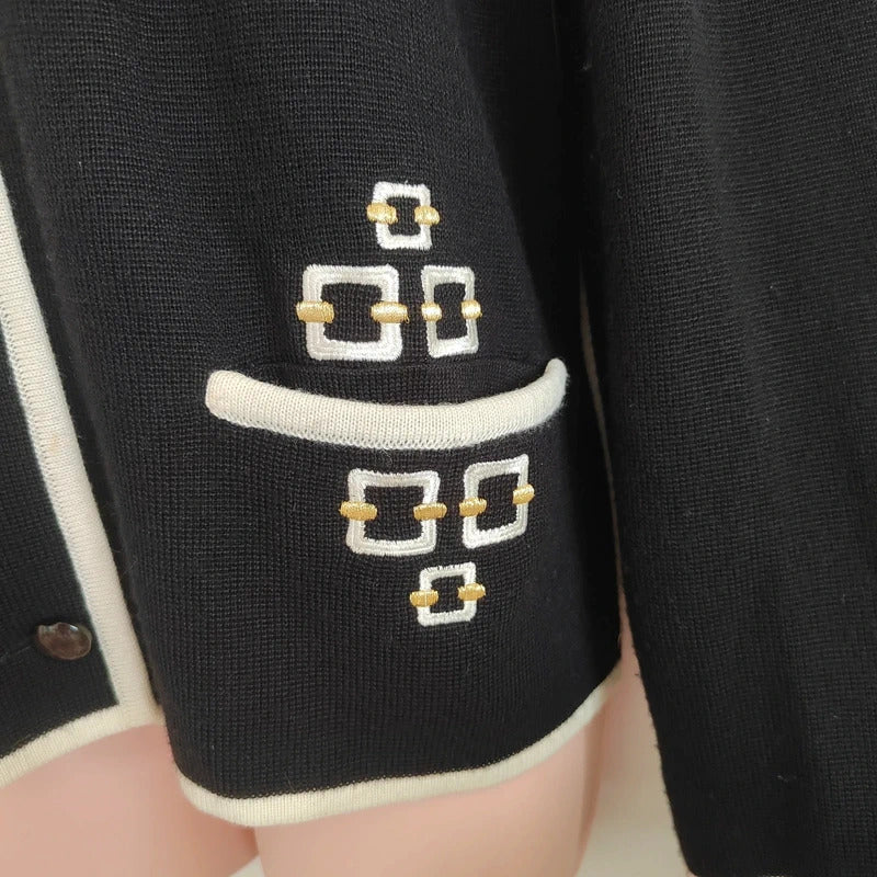 Vintage Tricoville Contrast Trim Knit Cardigan Jacket – Black & Cream - Size 14