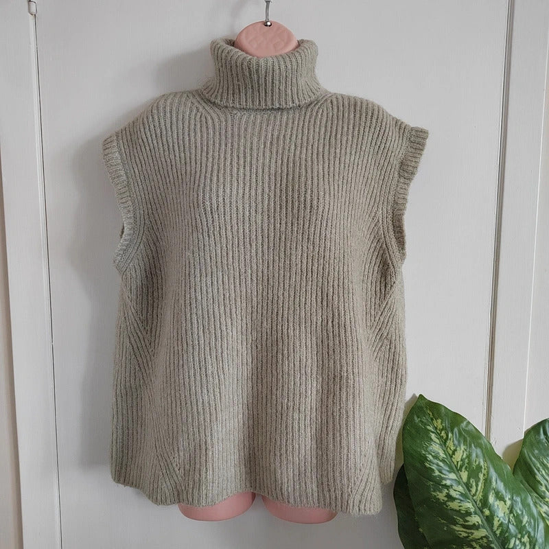 Zara Oatmeal Ribbed Knit Turtleneck Sweater Vest – 9% Wool Blend – Size Large