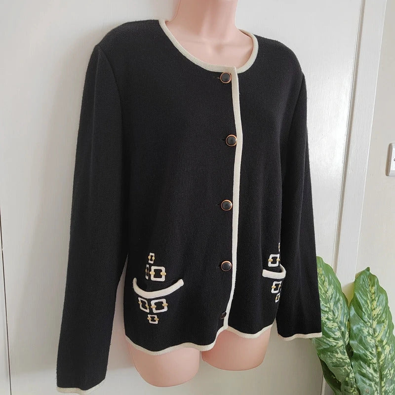 Vintage Tricoville Contrast Trim Knit Cardigan Jacket – Black & Cream - Size 14