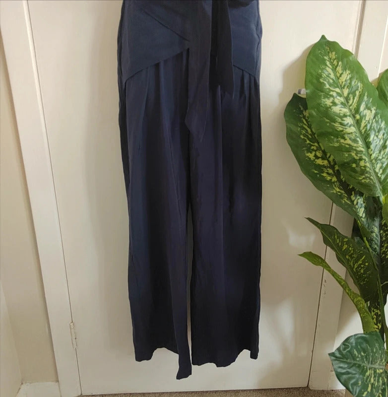 Paisie London Navy Button-Front Waist Tie Wide Leg Jumpsuit – Size UK 12