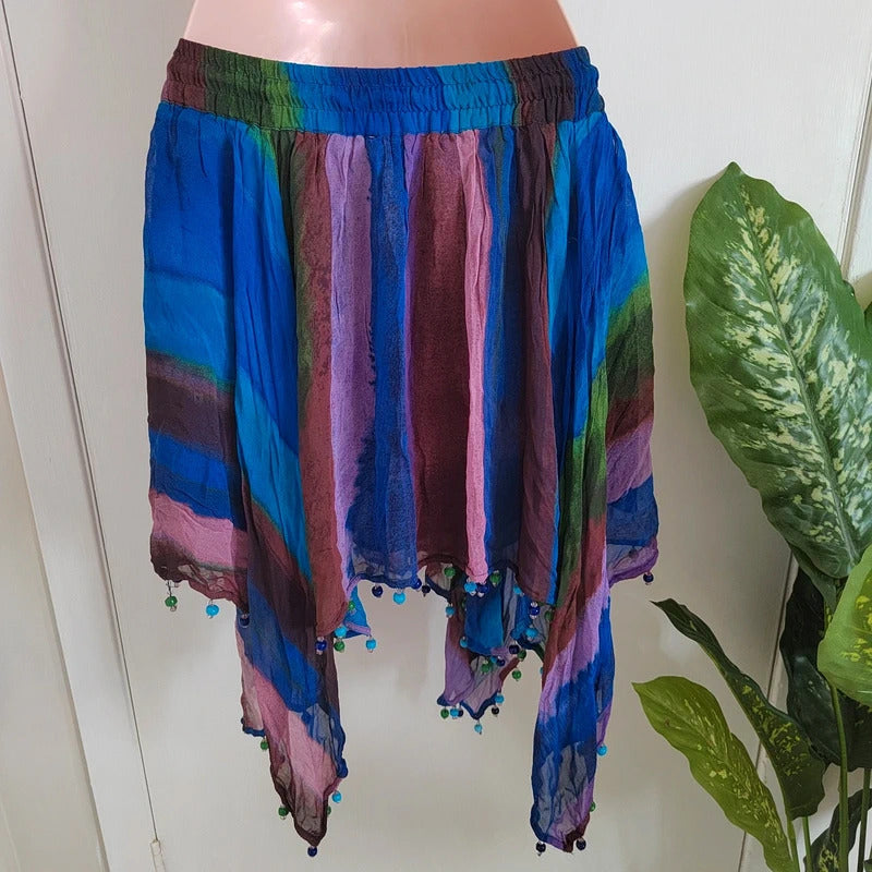 Zara Peacock Blue Striped Handkerchief Hem Beaded Mini Skirt – Size Small