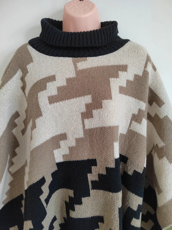 Malissa J Neutral Oversized Houndstooth Roll-Neck Knit Poncho with Faux-Fur Pompoms – One Size