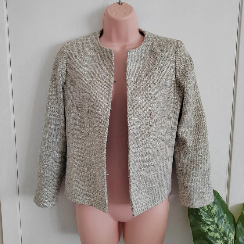 Vilagallo Tailored Collarless Tweed Wool Blazer - Size 12