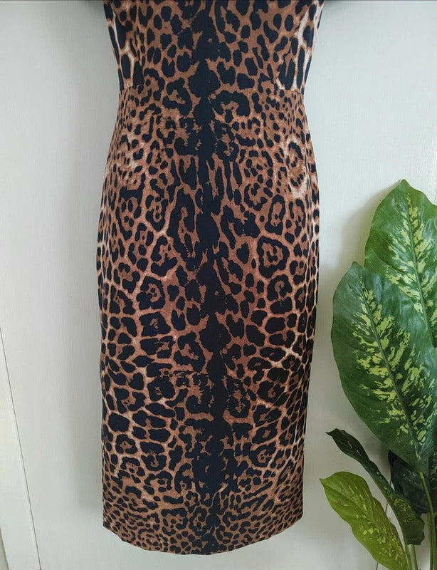 Per Una Leopard Print V-Neck Midi Sheath Dress – Size UK 12