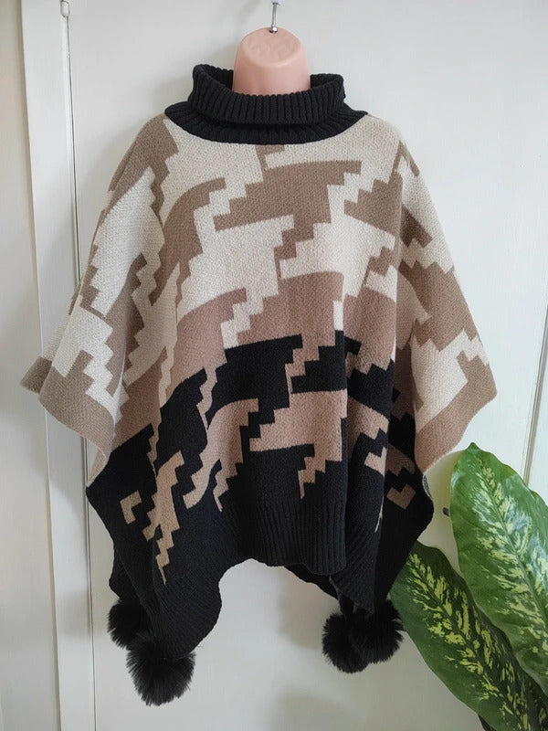 Malissa J Neutral Oversized Houndstooth Roll-Neck Knit Poncho with Faux-Fur Pompoms – One Size