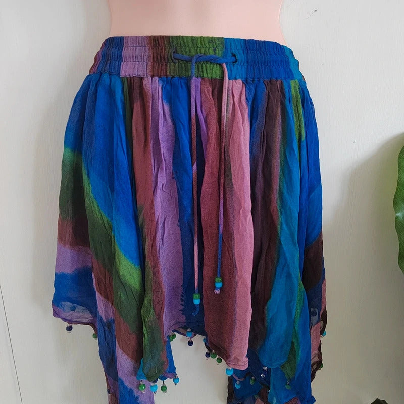 Zara Peacock Blue Striped Handkerchief Hem Beaded Mini Skirt – Size Small