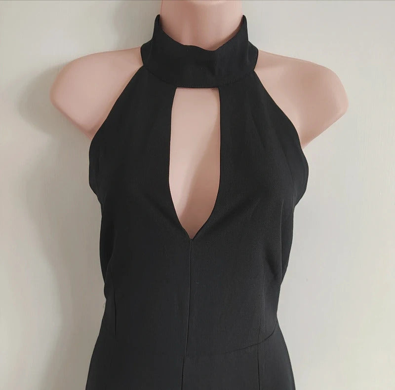 Vesper High Neck Keyhole Wide Leg Jumpsuit – Classic Black - Size 12