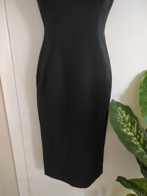 London Times Pearl Embellished Halter Neck Midi Sheath Dress – Black (Size US 4 / UK 8)