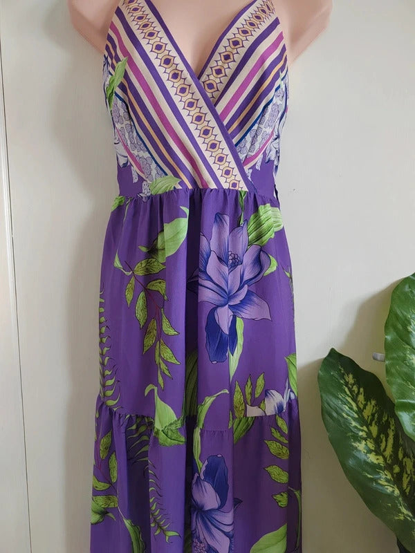 QED London Purple Mixed Border Print Maxi Dress – Size 10