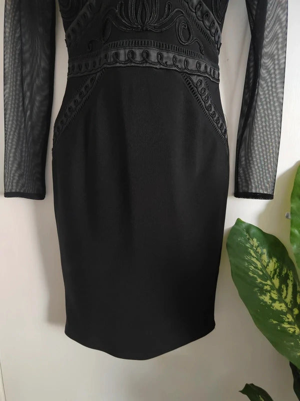 Lipsy Black Embroidered Plunge Bodycon Dress with Mesh Long Sleeves – Size UK 8