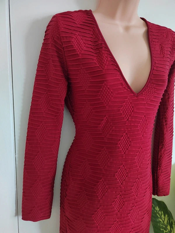 Boohoo Long Sleeve V-Neck Textured Geometric Knit Mini Dress – Size UK 14