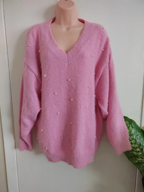 SHEIN Curve Pink Faux Pearl Embellished V-Neck Oversized Sweater – Size XL