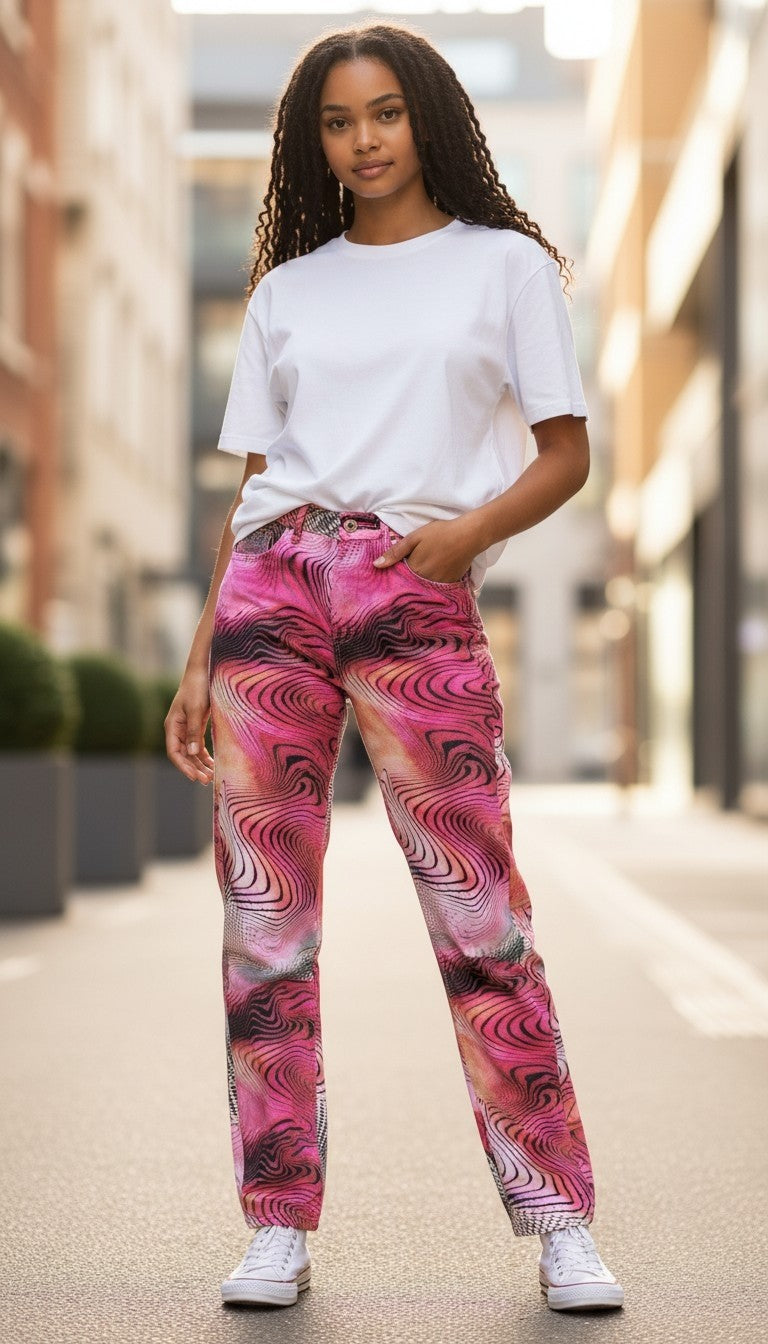 Jaded London Y2K Swirl Print Rigid Slouchy Boyfriend Jeans - Size W28