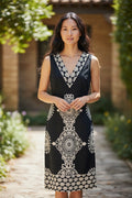 Vintage Laura Ashley Sleeveless V-Neck Shift Dress – Navy & Cream Mandala Print - Size 10