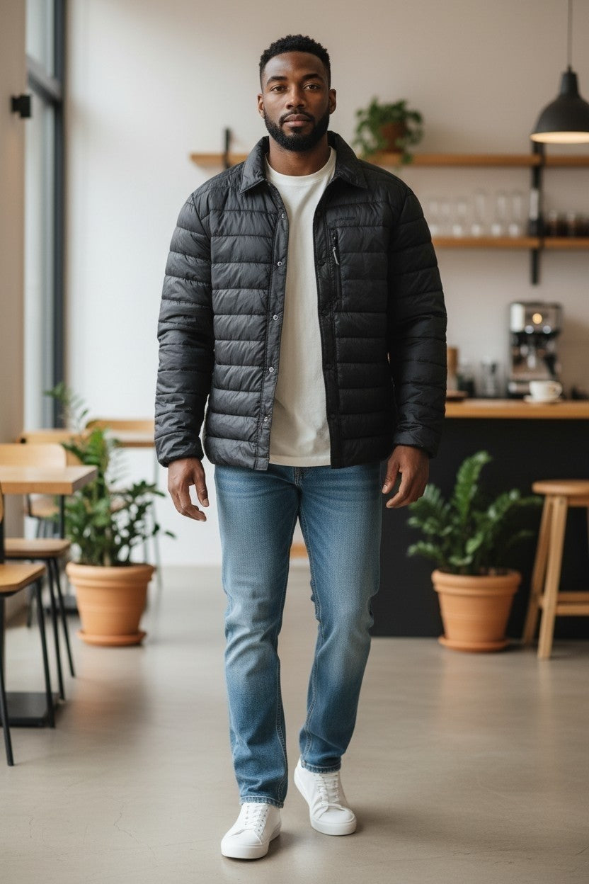 Off The Rails IOM black insulated shirt jacket with horizontal quilting worn by a man in a casual cafe setting