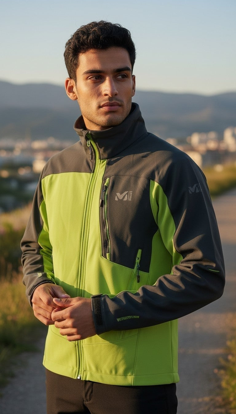 Off The Rails IOM Millet Windstopper softshell jacket in lime green and grey for alpine mountaineering