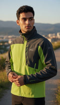 Off The Rails IOM Millet Windstopper softshell jacket in lime green and grey for alpine mountaineering