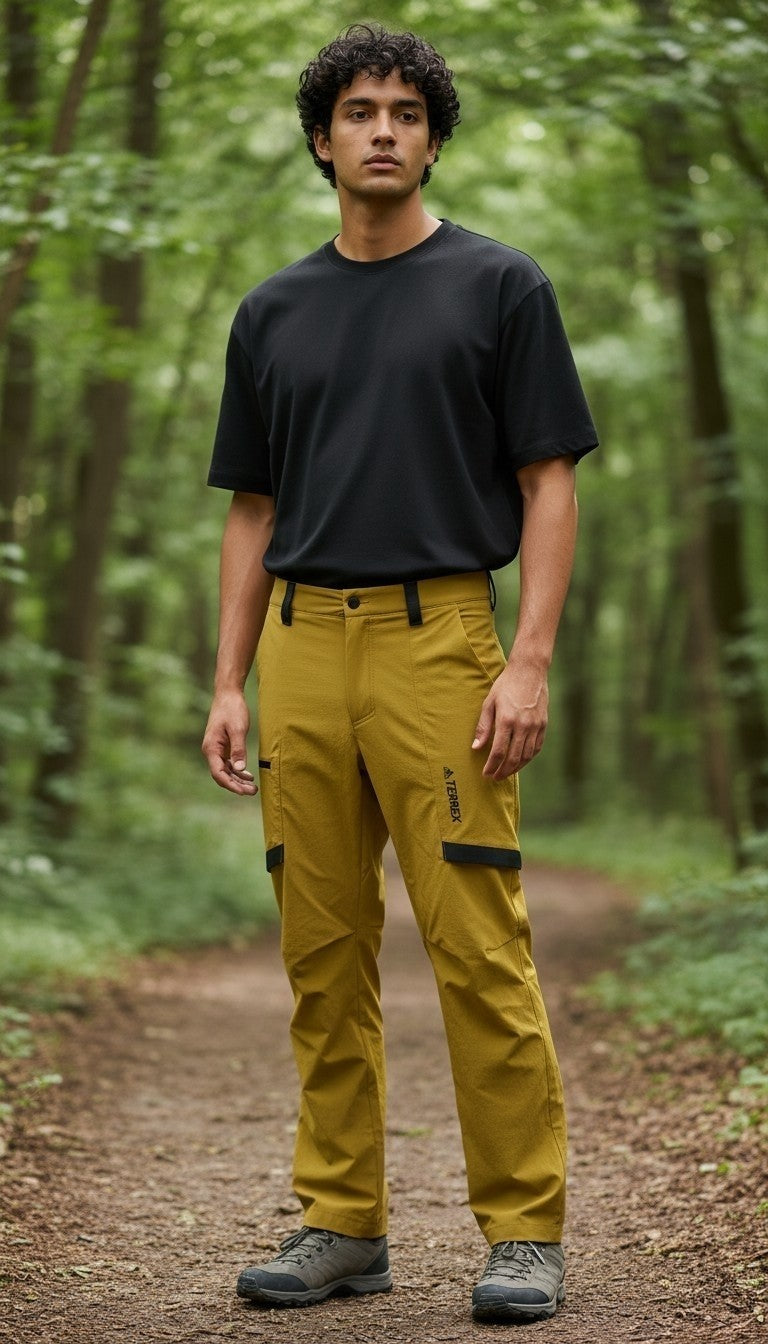 Off The Rails IOM men's mustard yellow Adidas Terrex Zupahike hiking pants with cargo pockets worn in a forest.