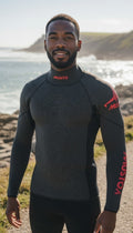 Off The Rails IOM men's Musto Flexlite Alumin 2.5mm neoprene sailing top in grey with red branding and long sleeves.