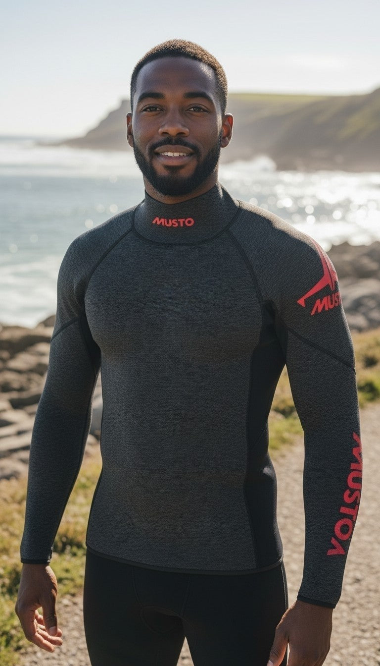Off The Rails IOM men's Musto Flexlite Alumin 2.5mm neoprene sailing top in grey with red branding and long sleeves.