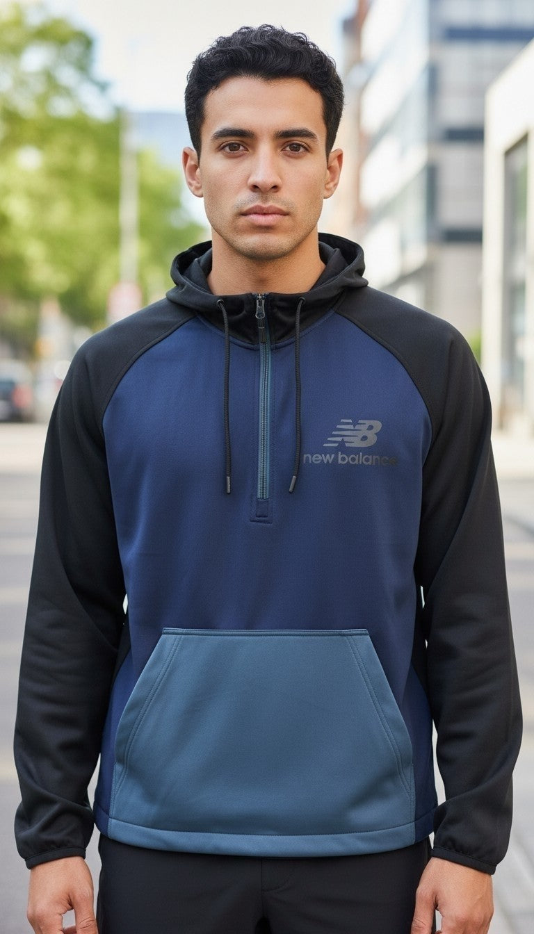 Off The Rails IOM New Balance men's navy and black colour-blocked quarter-zip anorak windbreaker with hood