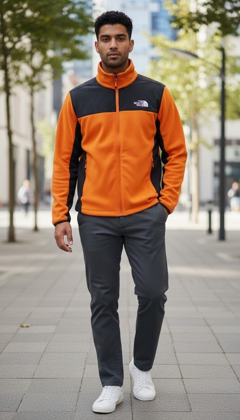Off The Rails IOM men's orange and black technical fleece midlayer jacket with full zip and stand-up collar