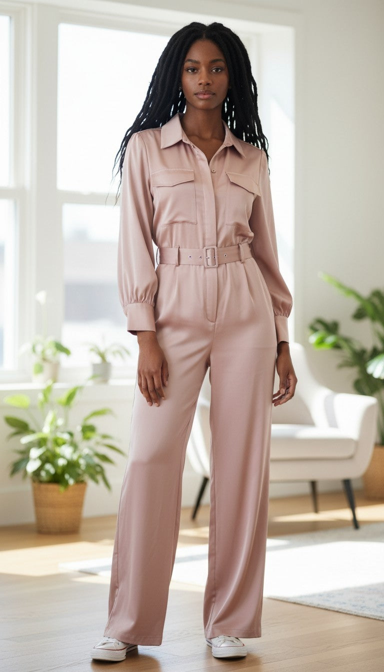 River Island Belted Satin Long Sleeve Utility Jumpsuit – Blush Pink / Rose Gold - Size UK 12