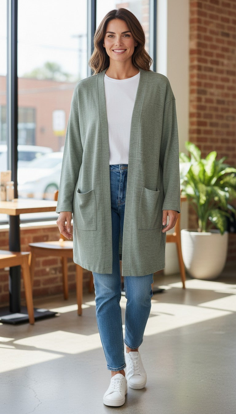 Stradivarius Sage Green Ribbed Open Front Duster Cardigan — Size 12/14 NWOT